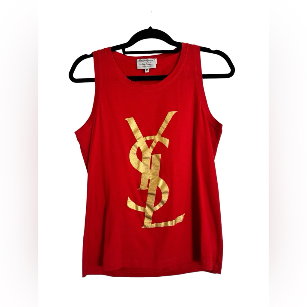 Ysl Yves Saint Laurent Rive Gauche Logo Tank Red & Gold Size M